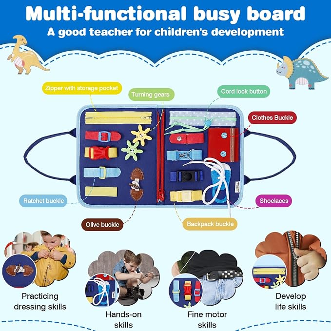Busy Board Montessori Toys for Boys Girls Gifts, Sensory Toy, Educational Activities Travel Toy for Airplane Car, Busy Book for Learning Fine Motor Skills, Blue
