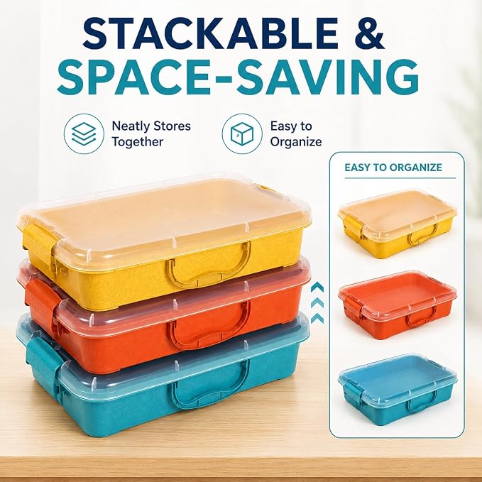 FIIOEOY 3 Pack 4 Qt Sensory Bin with Lid & 3 Stickers,Stackable Sensory Bin | Wheat Straw, Portable Sandbox, Organizers for Toys, Sand, Arts, Crafts, (Yellow, Orange, Blue)