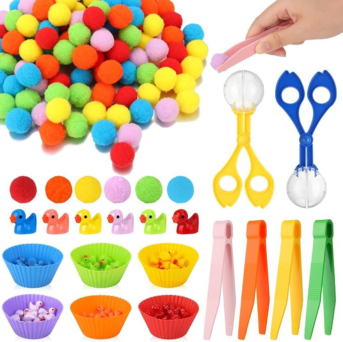 228 Pcs Colorful Sensory Bin Filler Fine Motor Toys Counting Sorting | 120Pcs Pom Pom 90Pcs Mini Resin Duck 12Pcs Sorting Cups 4Pcs Tweezers 2Pcs Scissors Clips for Preschool Early Education