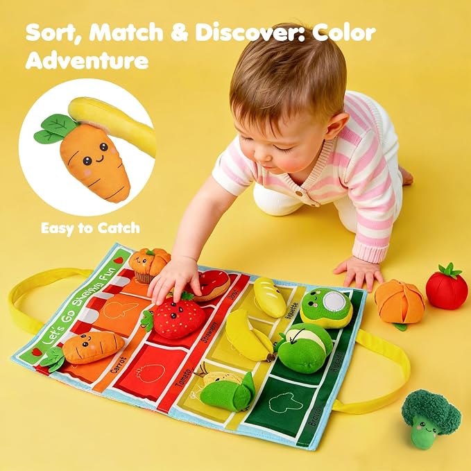 Montessori Sensory Toy for 1 Year Old, Fruit Vegetable Learning Sensory Toy | Color Sorting Play Food Set with Crinkle & Rattle, Fine Motor Skills Toy, Gift for 1 2 3 Year Old Boys & Girls
