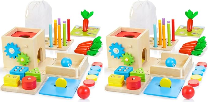Kizfarm Wooden Montessori Baby Toys, 8-in-1 Wooden Play Kit Includes Object Permanent Box, Coin Box, Carrot Harvest, Shape Sorting & Stacking - Birthday Gift for Boys Girls Toddlers (Pack of 2)