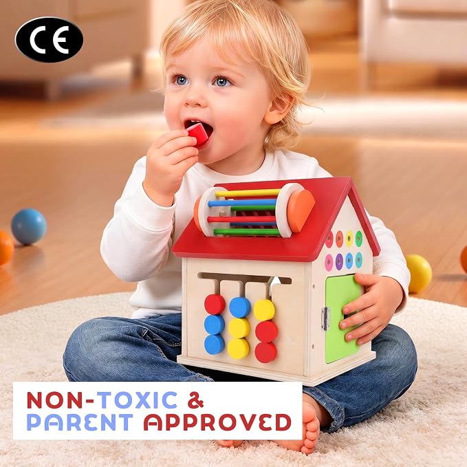Wooden Shape Sorter Activity Cube, Montessori Toy for Toddlers 3+ Years Old | Multi-Functional Busy House Baby Color Sorting Educational Learning Toy, Birthday Gifts for Boys Girls