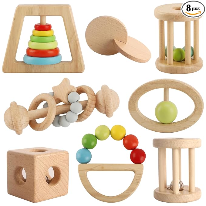 Wooden Baby Rattle, 8PCS Wooden Baby Toys for 7-24 Months Babies, Wooden Montessori Grasp Toy, Natural Beech Wood Baby Grip Toy, Wooden Rattles Toy for Infant Grasping (Colorful)