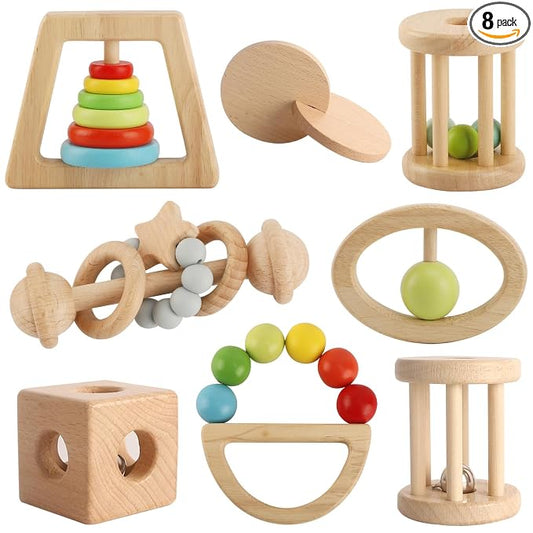 Wooden Baby Rattle, 8PCS Wooden Baby Toys for 7-24 Months Babies, Wooden Montessori Grasp Toy, Natural Beech Wood Baby Grip Toy, Wooden Rattles Toy for Infant Grasping (Colorful)