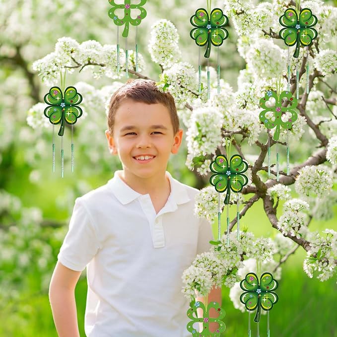 Fennoral 10 Pack St. Patricks Day Shamrock Wind Chime Kit for Kids Make You Own Four Leaf Clover Wind Chimes St Patricks Day Wooden Ornaments for Kids Art and Craft St.Patrick's Day Party Decoration