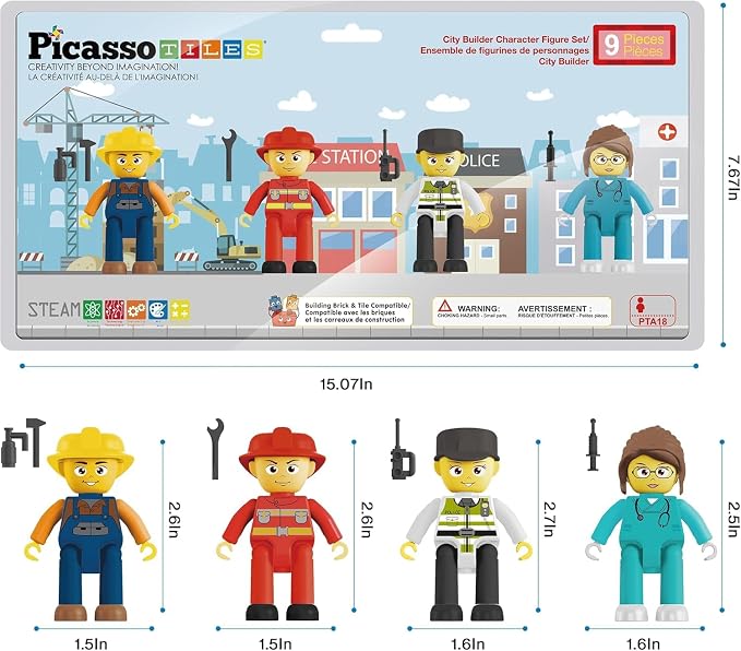 Picasso Toys Magnetic Character Action Figures 4 Piece for Building Block Tile Toddler Toy Set Magnet Expansion Pack Age 3 and up Fireman, Nurse, Police, Constructions Learning Pretend Playset PTA17