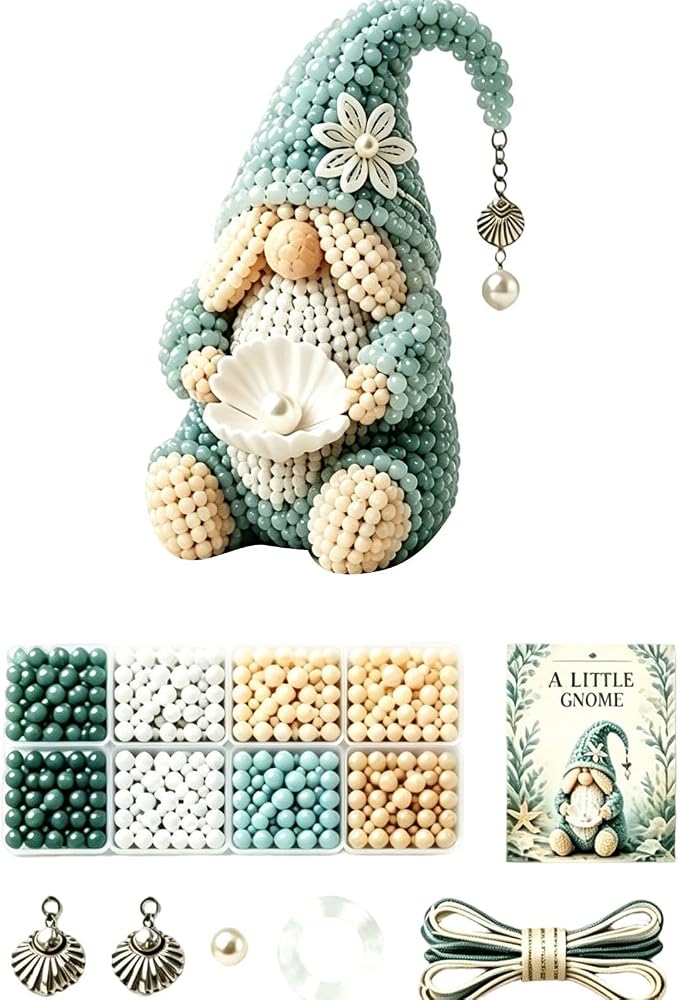 3D Beaded Gnome Craft Kit, 7.1in Non Slip Stable Structure Bead Threading Project Box, Handmade Gnome DIY Toy Set with Charms for Kids Ages 6 Plus Adults