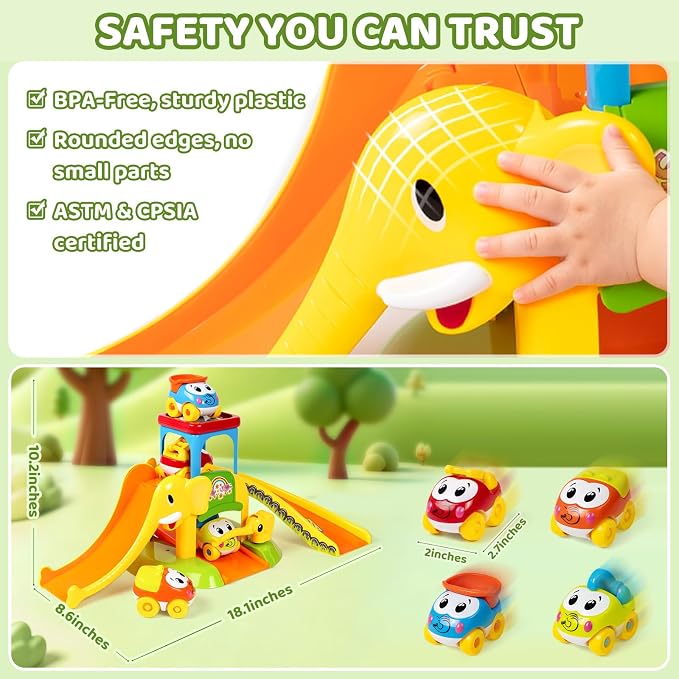 Marstone 1-2 Year Old Toddler Race Track Toy with Animal Push Cars for Boys | Educational Elephant Slide for 12-18 Months Girls, Learning Birthday Gift Toy for Ages 1-3