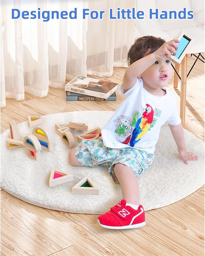 Wooden Blocks, Acrylic Windows, 24pc, 4 Colors, 6 Shapes | Educational Montessori play for ages 18M+; stack acrylic windows to mix colors and create new hues; build houses & towers.