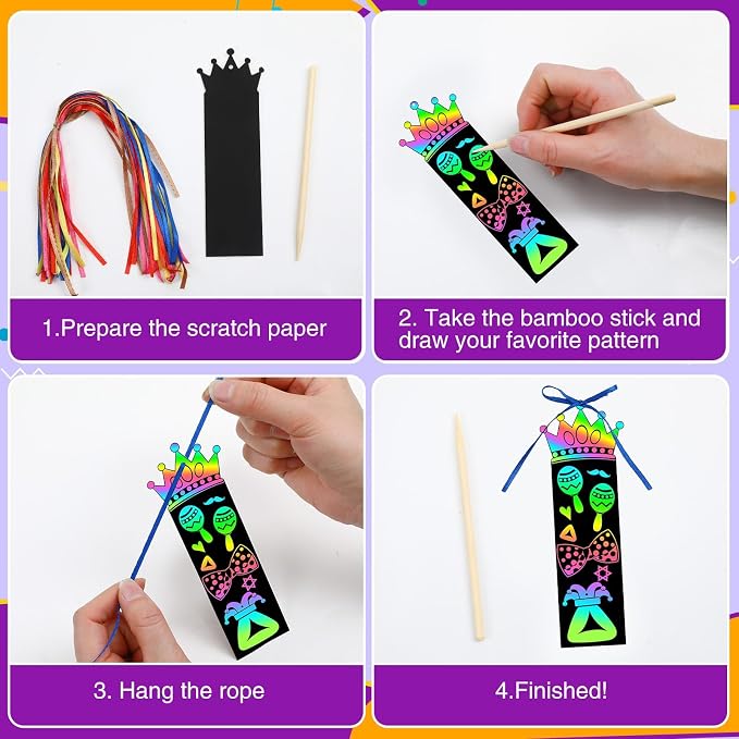 JUNEBRUSHS 30Pcs Purim Scratch Bookmarks for Students Classroom Activity | Six Purim Festival Patterns,Magical Rainbow Scratch Effect,Thick Durable Tear-Resistant Paper,Multi Festive DIY Ornaments