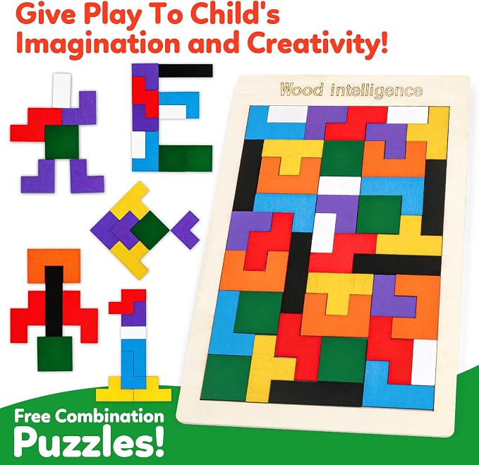 Wooden Puzzles,Geometric Shape Logic Hexagon Puzzle Toys Brain Teasers STEM Montessori Educatioanl IQ Board Games Easter Basket Stuffers Gift for Kids Boys Girls Ages 3+ (4 Pack)