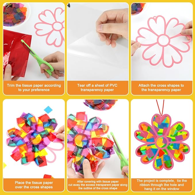 Lonfliness 32 Sets Flower Spring Suncatchers Crafts Kit DIY Floral Window Stained Glass Effect Paper Spring Home Decoration Art Craft Creative Activity Project Gift Favor