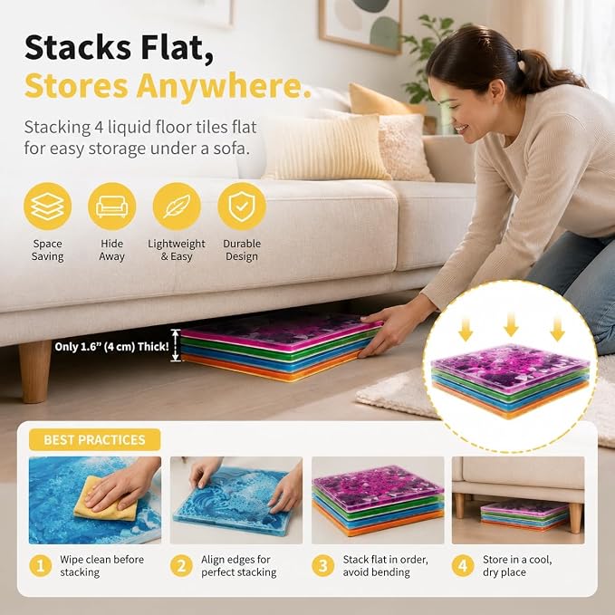 edusense 3D Liquid Motion Floor Tiles, 4 Tiles Set | Sensory Play Mats for Kids, Non-Slip Cushioned, Develops Motor Skills, Easy Store, Indoor/Outdoor Use
