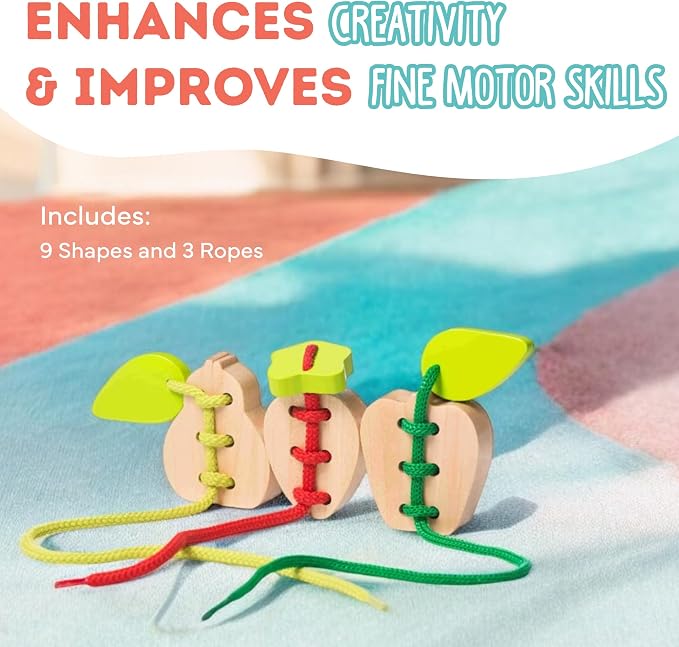 Wooden Lacing Fruit Set – Montessori Threading Toy for Toddlers Ages 3+ – Made from Natural Wood with Water-Based Paints – Travel-Friendly Educational Gift for Boys & Girls