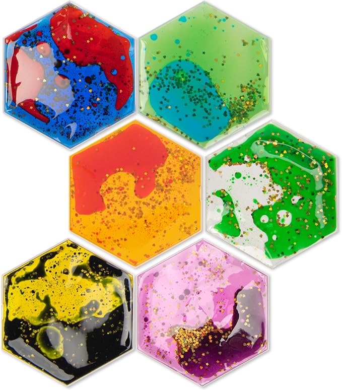 Art3d Hexagon Sensory Fidget Multicolor Liquid Motion Tiles, 6-Pack | Lightweight, Boost Focus, Relieve Anxiety, Eco-Friendly, Varied Colors & Shapes, Suitable for Kids, Teens