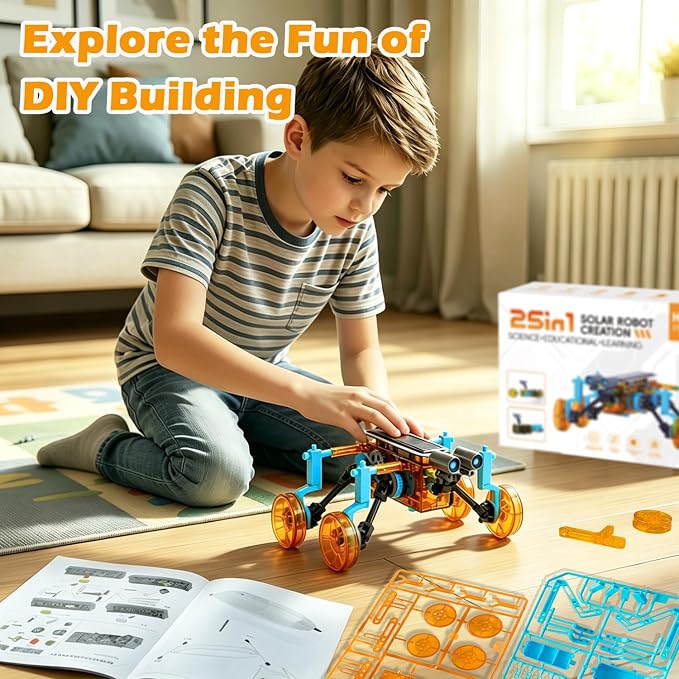 STEM 25-in-1 Solar Robot Kit Educational Building Toys for Kids Age 8-13 | Transparent Body Shows Gears Run, Solar or Battery Powered, DIY Robotics Science Kit Birthday Gift for Age 8+