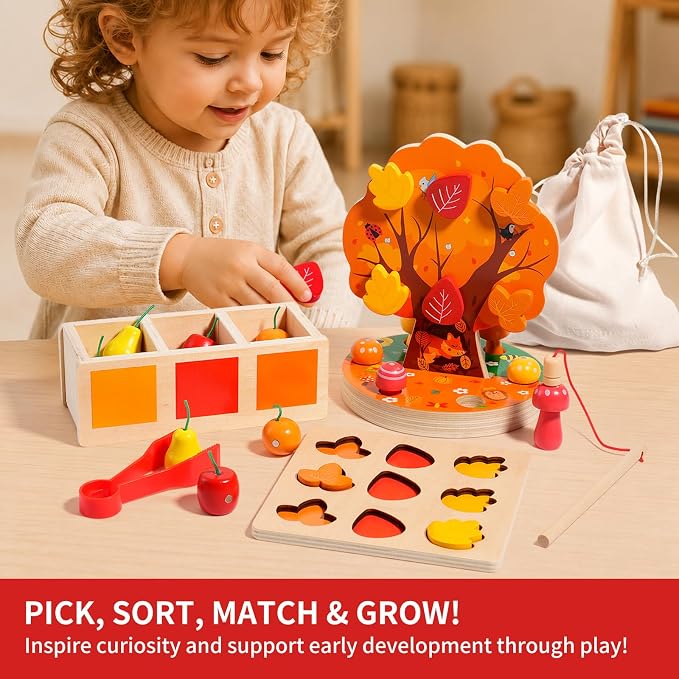 INIFEIDALA Montessori Toys for 3 4 5 6 Year Old - Fine Motor Skills Toy | Wooden Educational Toy for Toddlers,Magnetic Apple Picking Tree & Shape Sorter Puzzle,Hand-Eye Coordination-Color Recognition