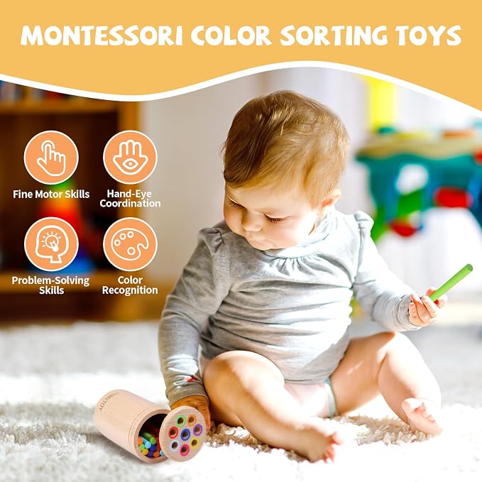 YHHYTOY Montessori Toys for 1 Year Old, Toddler Learning Color Sorting Toys | 18 Month Old Fine Motor Skills Toys for 1-2 Year Old, Wooden Preschool Learning Sensory Toys for Toddlers 1-3, Gifts for Kids