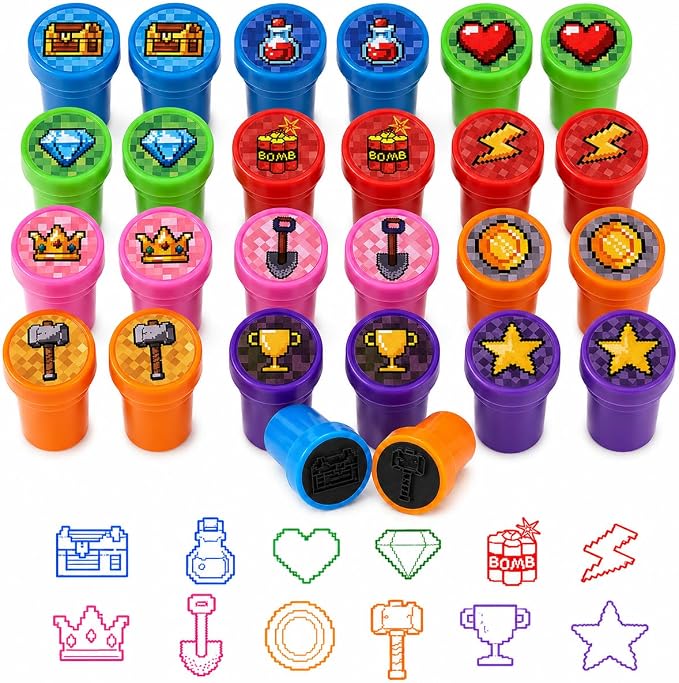 Cinrobiye 24 Pcs Pixel Stampers Party Favor Set, Cute Pixel Art Stamps for Kids Birthday Party, Classroom Rewards, Gaming Themed Party Supplies, Goody Bag Fillers, Retro Pixel Toys