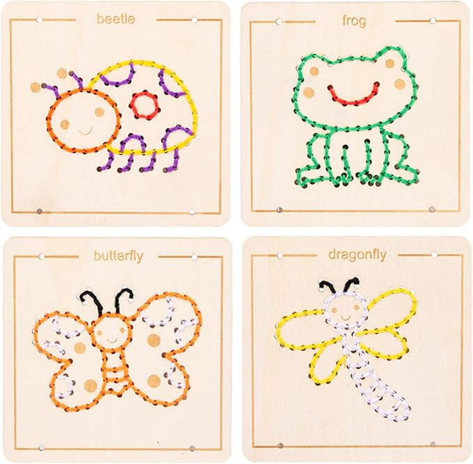 Wooden Lacing Sewing Cards Kit, Fine Motor Montessori Handcraft Educational Toy for Kids,Insects