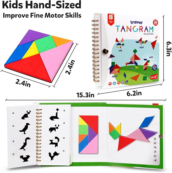 Travel Tangram Puzzle Car Game Magnetic Pattern Blocks Road Airplane Trip Essentials Activities Montessori Educational Toys Brain Teasers Book for Age 4-8 Kids Boys Girls Toddler (368 Solution)