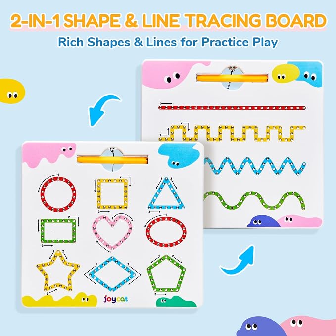 JoyCat Magnetic Shapes and Lines Tracing Board, 2-in-1 Pencil Control Toy | Double-sided fine motor toy for toddlers and kids supports preschool learning; road trip car activities and birthday gifts.