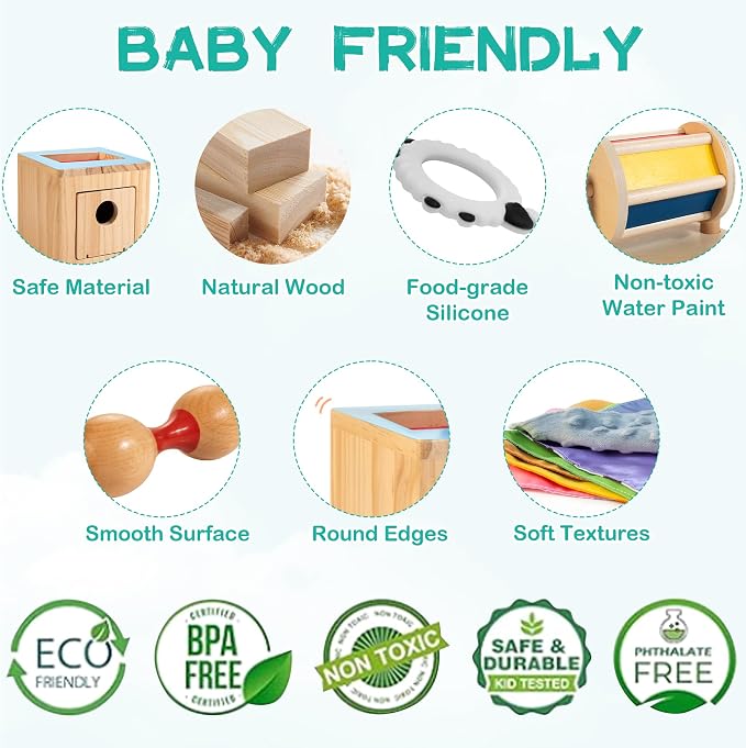 WOODMAM Montessori Toys for Babies 0-6 Months, 9 in 1 Educational Play Kit | Infant Toys 0-6 Months, High Contrast Cards, Baby Tissue Box Toy, Spinning Drum, Teether, Baby Gifts for Newborn 0-3-6 Months