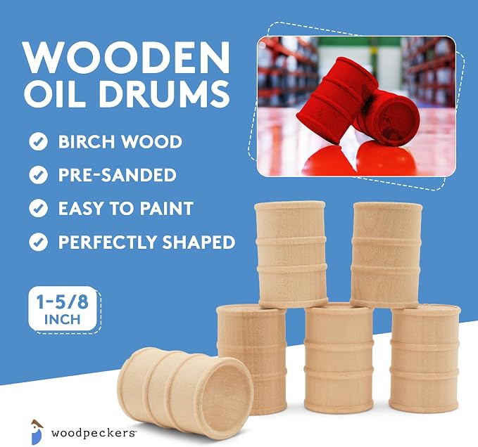 Wooden Oil Drums 1-5/8 Inch, Pack of 10, Small Unfinished Cargo Barrel, Perfect for Miniatures, Scale Models, Train Making or Woodworking Craft Projects, by Woodpeckers