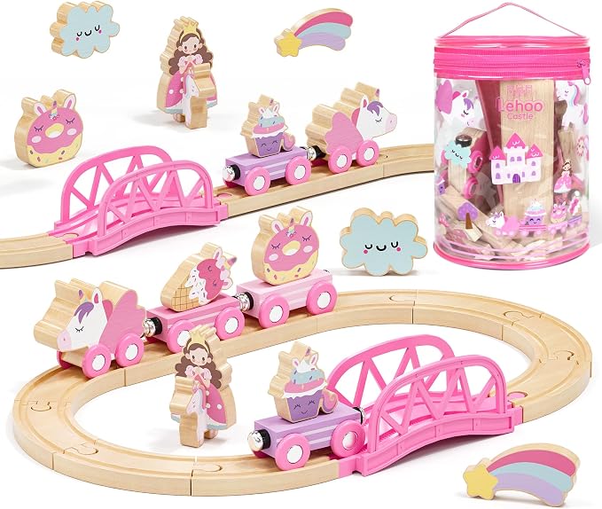 Lehoo Castle Pink Unicorn Wooden Train Set for Girls with Storage Bag | Compatible with Most Wooden Train Tracks, Expandable, Changeable Fantasy Railway Playset, Birthday Gift for Girls Ages 3+