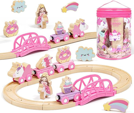 Lehoo Castle Pink Unicorn Wooden Train Set for Girls with Storage Bag | Compatible with Most Wooden Train Tracks, Expandable, Changeable Fantasy Railway Playset, Birthday Gift for Girls Ages 3+