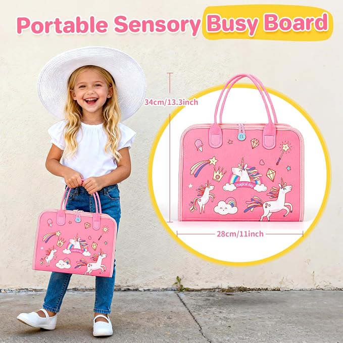 Busy Board Montessori Toys Toddler Girl Gift, Sensory Travel Toy for 1-3 | Preschool Educational Toy, Fine Motor Skills, Alphabet, Numbers, Shapes, Colors, Car & Airplane, Pink Multipages