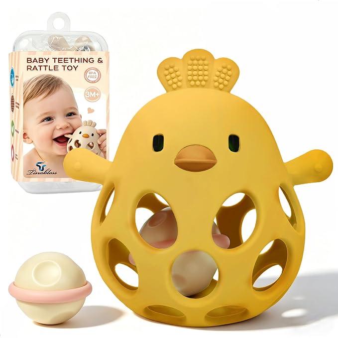 Tinabless 2-in-1 Baby Teether Rattle Toy, Easy Grip Silicone Teething Toy for Babies 3-12 Months, BPA-Free Sensory Chew Toy for Sore Gums, Infant Shower Gift (Yellow w/Rattle)