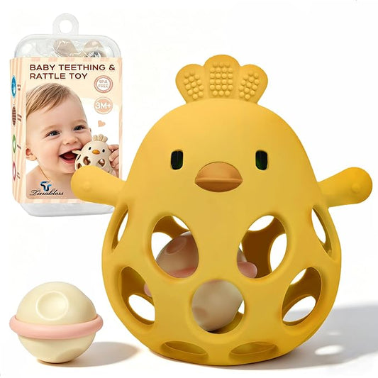 Tinabless 2-in-1 Baby Teether Rattle Toy, Easy Grip Silicone Teething Toy for Babies 3-12 Months, BPA-Free Sensory Chew Toy for Sore Gums, Infant Shower Gift (Yellow w/Rattle)