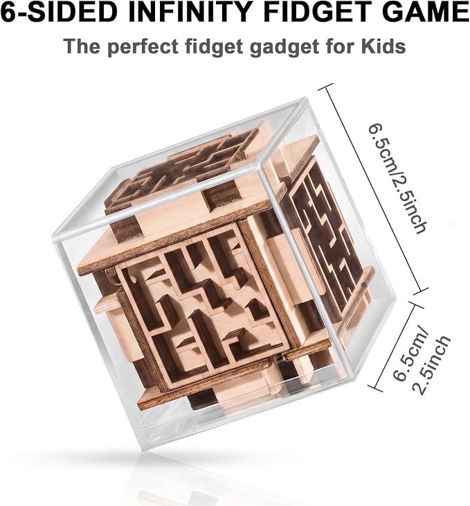 Fidget Brain Teaser Games for Kids: Wooden Puzzle Fidget Toy for Toddlers - Handheld Maze Puzzle Cube for Travel - 3D Labyrinth Game Road Trip Toys for Boys & Girls Ages 3-8