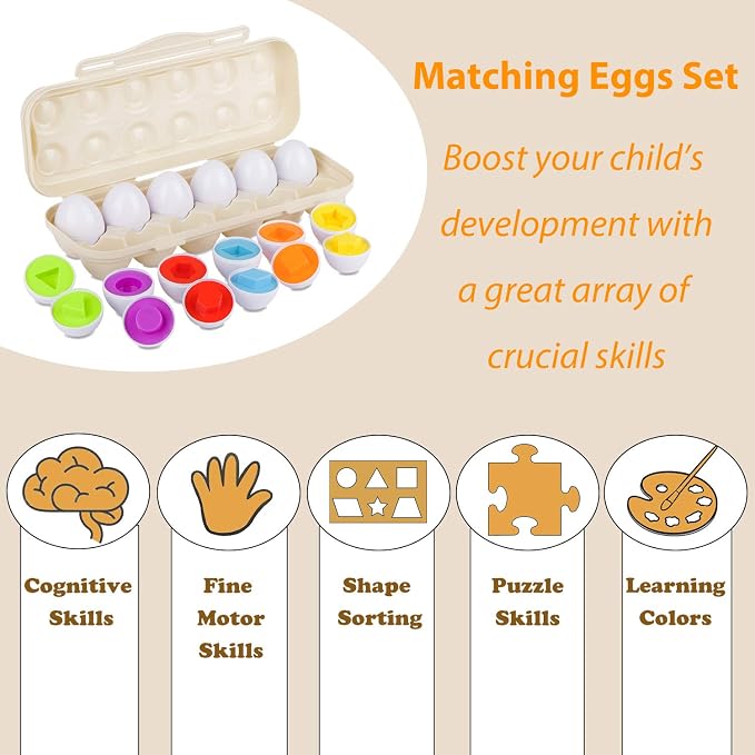 Hhyn Matching Eggs Set with Beige Eggs Holder, 12 Eggs | Egg Toys, Learning Shapes and Colors, Educational Puzzle Sorting Games, Improve Motor Skills for Kids Easter Gift