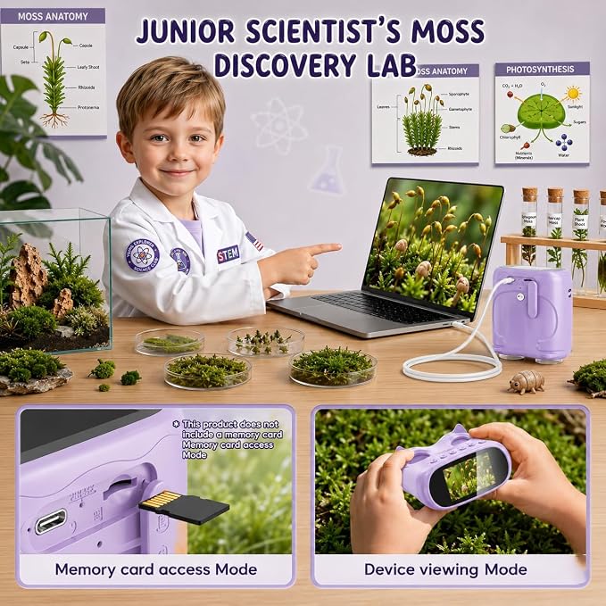 2-in-1 Kids Microscope and Telescope, 1000X Handheld Digital Microscope for Kids, 2.0" Screen, 8 LEDs, 10X Pocket Telescope for Outdoor, 1080P Camera STEM Toys Gift for Boys Girls 4-12, Purple