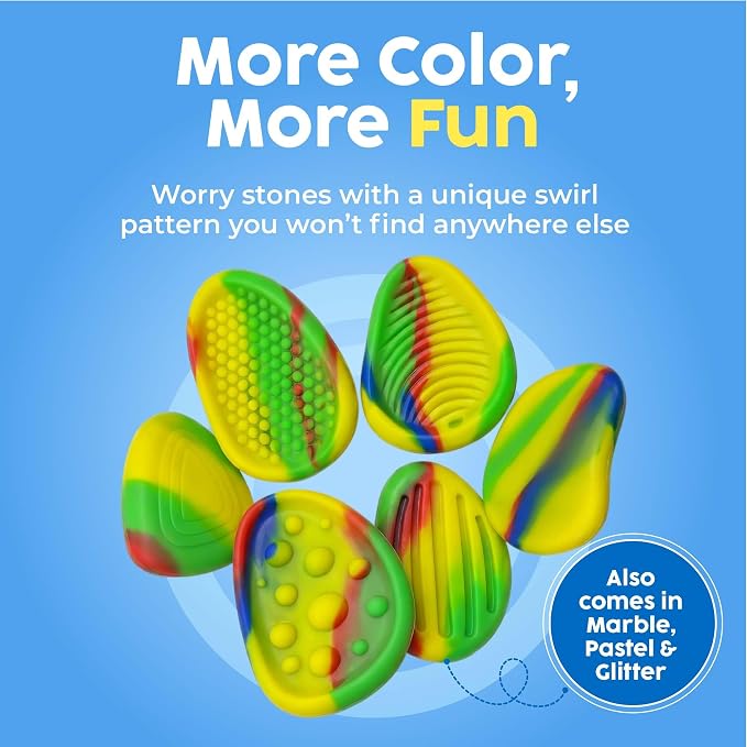 BUNMO Sensory Fidget Stones – 6pk Rainbow | Silicone Worry Stones for Kids Ages 3+ | Portable, Textured, Quiet Sensory Stones for Hands-On Play