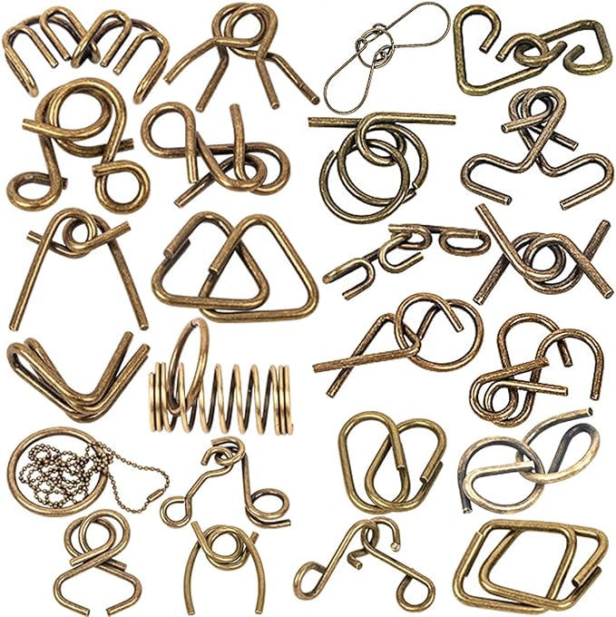Ahyuan Metal Wire Puzzles Set 32 with Pouch Large Thick Brain Teaser Puzzles Fidget Toys IQ Test Mind Games Toys Magic Trick Toy Metal IQ Puzzle Party Favors for Kids Adults (Bronze)