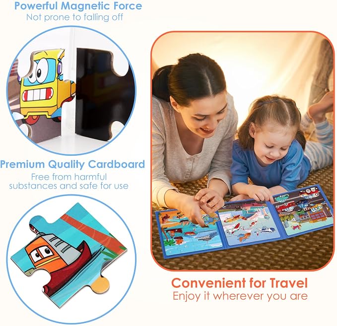 Magnetic Puzzles for Kids Ages 4-6, 20-Piece Preschooler Travel Toys Transportation Puzzles Ages 3-5, Educational Learning Magnets, Ideal Road Trip Activities Toys for 3 4 5 6 Boys and Girls