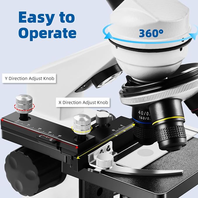 Fitense Microscope for Adults Kids,40X-2000X Monocular Microscope Kit for Home School Lab, 2 LED Lights & 5 Colors Kids Microscope with Phone Holder,10 Specimen Slides,20 Slides,100 Coverslips, Bag
