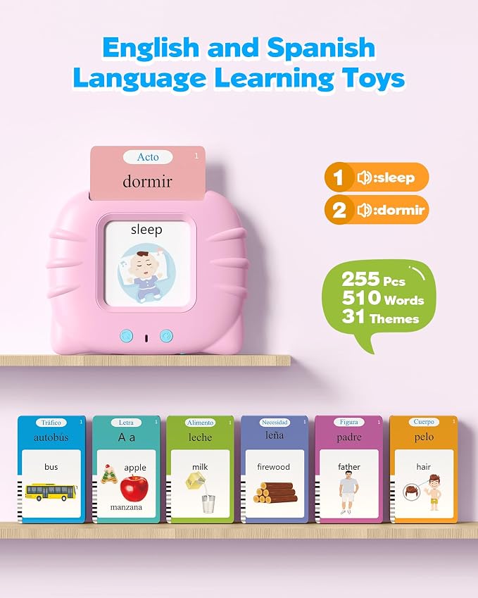 Airbition Bilingual Talking Flash Cards, 510 Words Spanish and English Pink | For Toddlers Ages 2+, Pocket Speech Therapy Toys with 31 Themes, Montessori Learning Toys for Children, Sensory Learning Kit