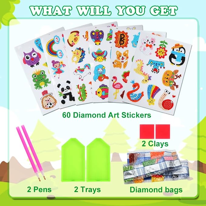 60pcs 5D Diamond Art Stickers Arts and Crafts Kits for Kids Ages 4-8 8-12 | Creative Gem Art Paint by Number Kits for Kids Boys Girls DIY Mosaic Stickers Toys for Birthday Party Halloween Xmas Gifts