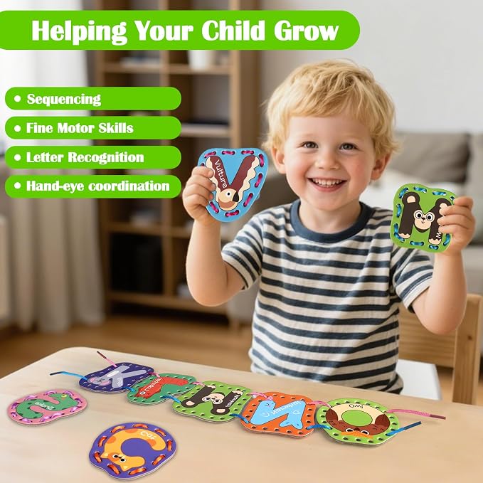 Vodolo 26 Pieces Lacing Cards Travel Sewing Kit for Kids, Letters Sequencing Threading Toy, Double Sided Fine Motor Skills Learning Toys, Classroom Supplies