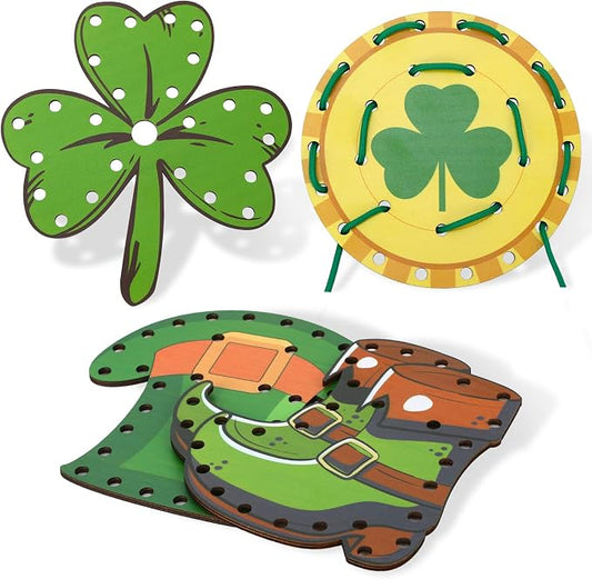 JULEASEL Lucky Lacing Cards Wooden Crafts Fine Motor Skills | Fun shamrock and holiday themed designs perfect for St. Patrick’s Day craft and classroom activities.