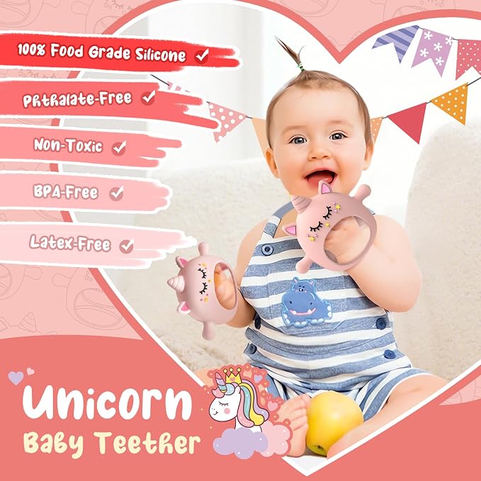 Tinabless Teething Toys for Babies 6-12 Months, Unicorn Never Drop Silicone Teether Designed for Babies 0-6 Months, Car Seat Toy for New Born, Natural Organic Baby Teether for Boys & Girls, Pink