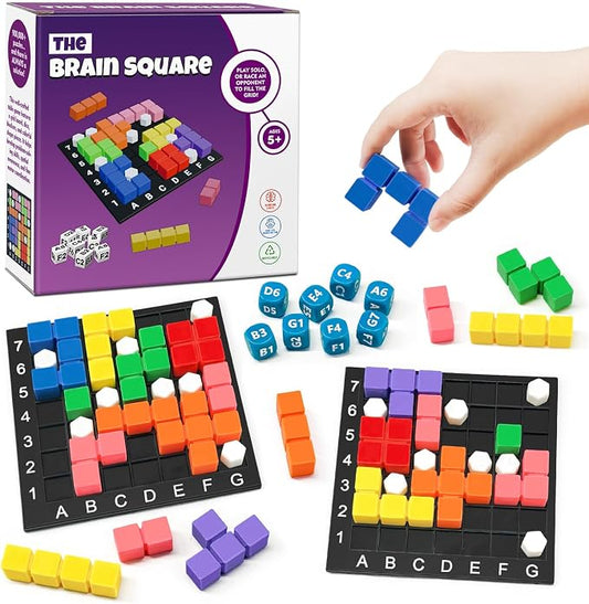 STEM Puzzle Game The Brain Square 2.0 with 10,000,000+ Solutions Pattern Matching Blocks Brain Teaser Toy Roll Dice & Race Your Opponent to Fill Grid for Kids 5+ Back to School Birthday Gift(Hard)
