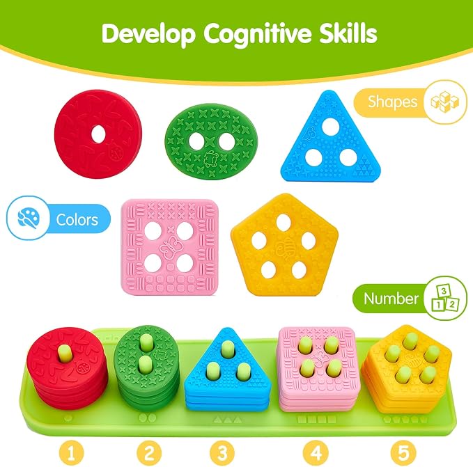 hahaland Silicone Sorting & Stacking Toys - Montessori Toys for 1 Year Old | Textured Soft Blocks, Shape Sorter, Color Sorting for Toddlers 1-3, Learning Sensory Baby Toy 1st One Year Old Birthday Gifts