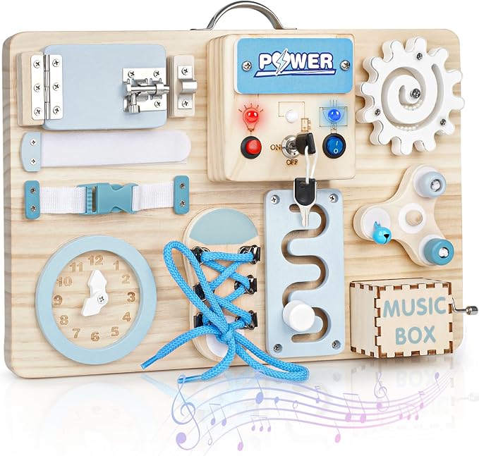 Joyreal Wooden Busy Board for Toddlers, 10-in-1 Montessori Sensory Toys with Music Box, Activity Learning Board with Door Hidden Mirror, Educational Travel Toy for 1 2 3 Year Old Boys Girls