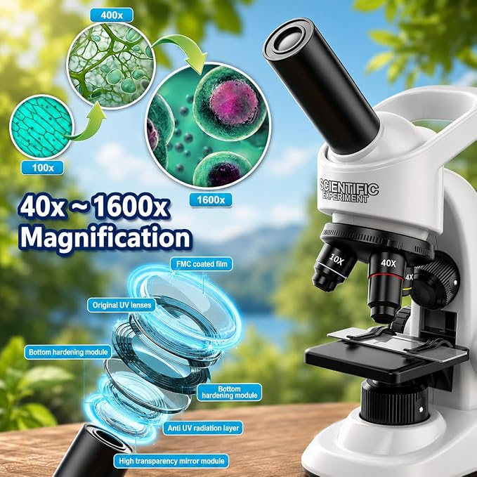 Kids Microscope Kit, 40X-1600X Beginner Microscope for Kids with LED Light, Prepared Slides, Phone Adapter and Lab Tools, STEM Science Toy for Ages 5-12