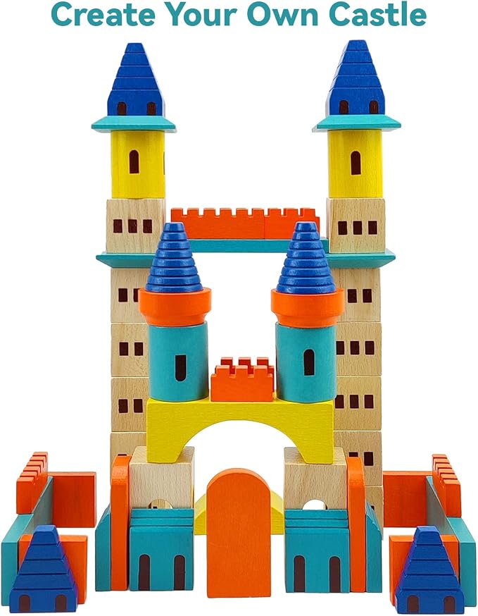 Xylolin Wooden Castle Building Blocks Set, Big Solid Beech Wood Toddlers Stacking Block Toy, Kids Construction Playset for Boys Girls 69 Pieces Set
